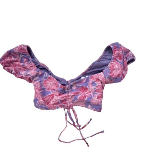 Pink Purple Floral Bikini Swim Top Size Medium Stretch Adj Straps Puff Sleeves - Picture 1 of 10